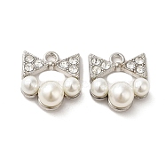 Alloy with Rhinestone Pendants, with ABS Imitation Pearl, Bowknot Charms, Platinum, 18x16x8mm, Hole: 2mm(FIND-B032-09P)