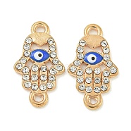 Alloy Blue Enamel Connector Charms, Crystal Rhinestone Evil Eye Links, Golden, Hamsa Hand, 22x12x2mm, Hole: 1.6mm(ENAM-S003-02D)