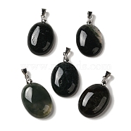 Natural Moss Agate Pendants, Oval Charms with Rack Plating Platinum Plated Brass Snap on Bails, 30x21.5~22x6~6.5mm, Hole: 6x4mm(G-Z055-03P-08)