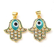 Brass Cubic Zirconia Pendants, with Lampwork, Real 18K Gold Plated, Hamsa Hand Charm, Turquoise, 24x20.5x4mm, Hole: 5x3.5mm(KK-K338-02G-01)