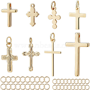 16Pcs 8 Style Brass Pendants, Long-Lasting Plated, Cross and 40Pcs 2 Size 304 Stainless Steel Jump Rings, Real 18K Gold Plated, 23.5x13x3mm, Hole: 1.2mm, 2pcs/style(KK-BC0002-81)