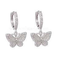 Brass Micro Pave Clear Cubic Zirconia Huggie Hoop Earrings, Long-Lasting Plated, Butterfly, Real Platinum Plated, 25mm, Pin: 1mm(EJEW-K083-24P)