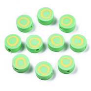 Handmade Polymer Clay Beads, Flat Round with Alphabet, Light Green, Letter.O, 9x3.5~5mm, Hole: 1.6mm(CLAY-N011-031O)