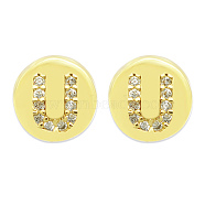 Brass Micro Pave Clear Cubic Zirconia Beads, Flat Round with Letter, Letter.U, 7.5x6.5mm, Hole: 3.5mm, 3pcs/bag(KK-T030-LA843-UX3)