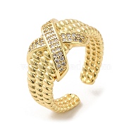 Rack Plating Real 18K Gold Plated Brass Criss Cross Open Cuff Rings, with Cubic Zirconia, Long-Lasting Plated, Lead Free & Cadmium Free, Clear, US Size 6 3/4(17.1mm)(RJEW-B048-06G)