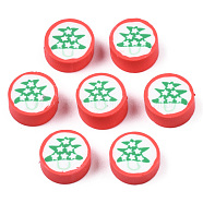 Handmade Polymer Clay Beads, Flat Round with Christmas Tree, Green, 9x4~5mm, Hole: 1.4~1.8mm(CLAY-N007-010)