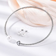 Round Plastic Imitation Pearl Stud Earrings & Rhinestone Cuff Choker Necklaces Sets, Heart 304 Stainless Steel Jewerly Set for Women, Stainless Steel Color, Inner Diameter: 4.43 inch(112.5mm)(SJEW-U003-11P)