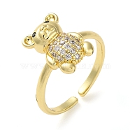 Rack Plating Brass Micro Pave Cubic Zirconia Open Cuff Rings, Real 18K Gold Plated, Bear, Adjustable(RJEW-K266-07A-G)