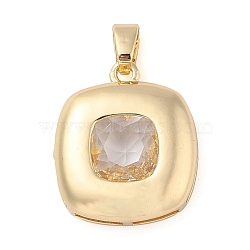 Rack Plating Brass Pendants, Square Shaped Glass Charms, Long-Lasting Plated, Cadmium Free & Lead Free, Real 18K Gold Plated, Clear, 21x18x7mm, Hole: 3x5.5mm(KK-I710-02A)