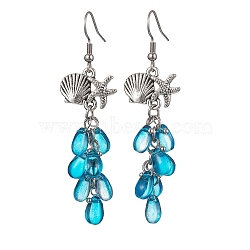 Shell with Starfish Shape Alloy Dangle Earrings, Glass Cluster Earrings, Teal, 65x18mm(EJEW-JE05622-02)