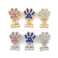 Rack Plating Alloy Rhinestone European Dangle Charms, Paw Print with Dog Bone Large Hole Pendants, Platinum, Mixed Color, 17.5mm, Bone: 7x8x2.5mm, Hole: 4.5mm(FIND-C055-19M)