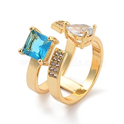 Brass with Cubic Zirconia Open Cuff Rings, Dodger Blue, US Size 5(15.7mm)(RJEW-B053-02)