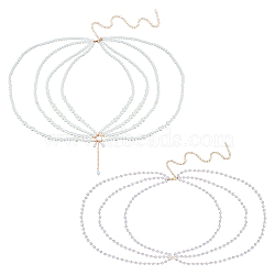 2Pcs 2 Styles Multi Layered ABS Plastic Pearl Beaded Chain Belts, Waist Belt with Golden Iron Chains Tassel for Shirt Dress Decoration, White, 29-1/8~29-1/2 inch(73.8~75cm), 1pc/style(AJEW-FG0004-01)