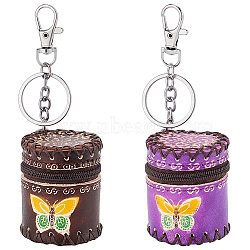 2Pcs 2 Colors Butterfly Pattern Leather Cylinder Wallets, Change Purse, with Iron & Alloy Keychain, Column, Mixed Color, 13.9cm, 1pc/color(AJEW-OC0004-88)