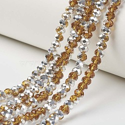 Electroplate Transparent Glass Beads Strands, Half Silver Plated, Faceted, Rondelle, Dark Goldenrod, 8x6mm, Hole: 1mm, about 72pcs/strand, 16.14 inch(41cm)(EGLA-A034-T8mm-M07)