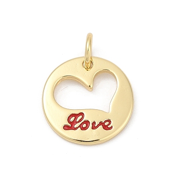 Brass Enamel Charms, with Jump Ring, Flat Round with Heart & Word Love Charms, Long-Lasting Plated, Lead Free & Cadmium Free, Rack Plating, Real 18K Gold Plated, 12.5x1.5mm, Hole: 3.5mm