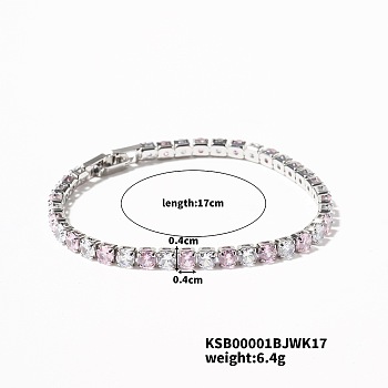 Brass Rhinestone Cup Chains Bracelet for Elegant Women with Subtle Luxury Feel, Light Rose, Platinum, 6-3/4 inch(17cm)