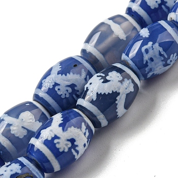 Blue Tibetan Style dZi Beads Strands, Dyed Natural Agate Beads Strands, Rice, Dragon, 13.5~14x10~10.5mm, Hole: 1mm, about 25pcs/strand, 13.58 inch(34.5cm)