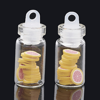 Handmade Polymer Clay Nail Art Decoration Accessories, with Glass Wishing Bottle and CCB Plastic Bottle Stopper, Grapefruit, Light Coral, 4~8x4~8x0.1~2mm, about bottle: 27.5x11mm, hole: 3mm