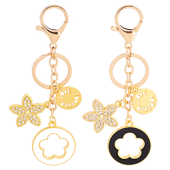 WADORN 2Pcs 2 Colors LOVE FOREVER Valentine's Day Gift Keychain, Flower Alloy Rhinestone & Enamel Keychain, with Zinc Alloy Findings, Mixed Color, 13.1cm, 1pc/color