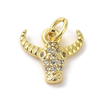 Rack Plating Brass Micro Pave CLear Cubic Zirconia Charms, with Jump Ring, Real 18K Gold Plated, Long-Lasting Plated, Cadmium Free & Lead Free, Cattle, 11x12x2.5mm, Hole: 3mm