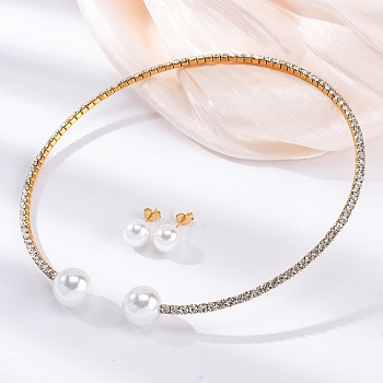 Round Plastic Imitation Pearl Stud Earrings & Rhinestone Cuff Choker Necklaces Sets, 304 Stainless Steel Jewerly Set for Women, Golden, Inner Diameter: 4.43 inch(112.5mm)