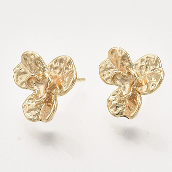 Brass Stud Earring Findings, Nickel Free, with Loop, Real 18K Gold Plated, Flower, Flower: 14x15mm, Hole: 1.2mm, Pin: 0.8mm