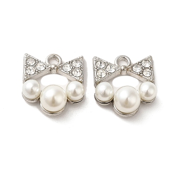 Alloy with Rhinestone Pendants, with ABS Imitation Pearl, Bowknot Charms, Platinum, 18x16x8mm, Hole: 2mm