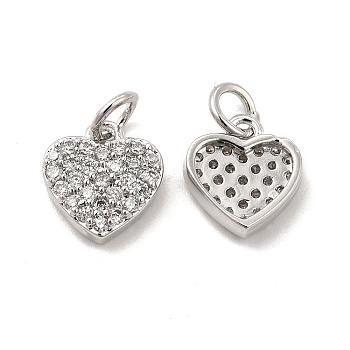 Brass Micro Pave Clear Cubic Zirconia Charms, with Jump Ring, Heart Charm, Platinum, 10x9.5x2.5mm, Hole: 3.5mm