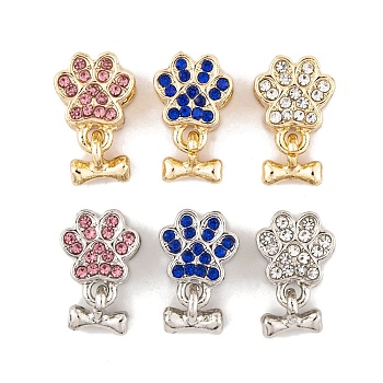 Rack Plating Alloy Rhinestone European Dangle Charms, Paw Print with Dog Bone Large Hole Pendants, Platinum, Mixed Color, 17.5mm, Bone: 7x8x2.5mm, Hole: 4.5mm