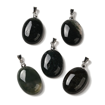Natural Moss Agate Pendants, Oval Charms with Rack Plating Platinum Plated Brass Snap on Bails, 30x21.5~22x6~6.5mm, Hole: 6x4mm