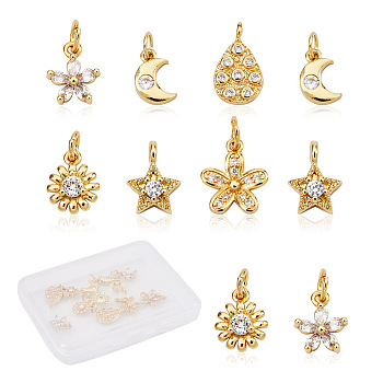 12Pcs 6 Style Brass Micro Pave Cubic Zirconia Charms, Mixed Shapes, Golden, 2pcs/style