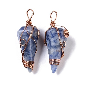Natural Blue Spot Jasper Copper Wire Wrapped Big Pendants, Faceted Cone Charms, Rose Gold, 50~50.5x16.5x18~19mm, Hole: 8x3.5~4mm
