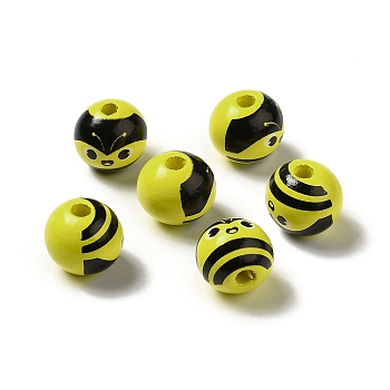 Schima Wood European Beads, Large Hole Beads, Round with Bee Pattern, Yellow, 16x14.5mm, Hole: 4mm