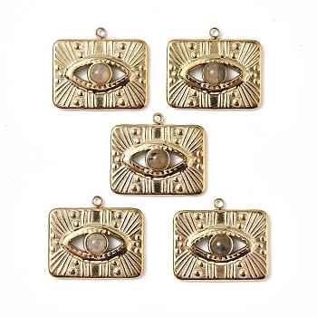 Vacuum Plating 201 Stainless Steel Natural Labradorite Pendants, Real 18K Gold Plated, Rectangle with Eye Charms, 17.5x20.5x4mm, Hole: 1.6mm