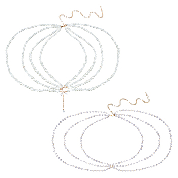 2Pcs 2 Styles Multi Layered ABS Plastic Pearl Beaded Chain Belts, Waist Belt with Golden Iron Chains Tassel for Shirt Dress Decoration, White, 29-1/8~29-1/2 inch(73.8~75cm), 1pc/style
