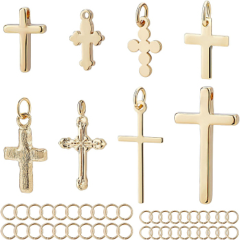 16Pcs 8 Style Brass Pendants, Long-Lasting Plated, Cross and 40Pcs 2 Size 304 Stainless Steel Jump Rings, Real 18K Gold Plated, 23.5x13x3mm, Hole: 1.2mm, 2pcs/style