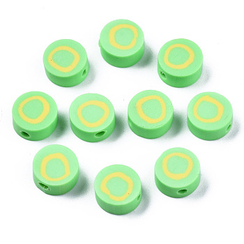Handmade Polymer Clay Beads, Flat Round with Alphabet, Light Green, Letter.O, 9x3.5~5mm, Hole: 1.6mm