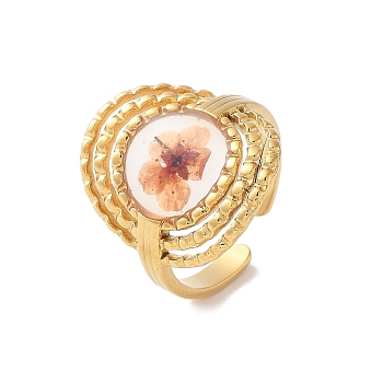 304 Stainless Steel Open Cuff  Rings for Women, with Dried Flower, Real 18K Gold Plated, 21mm, Inner Diameter: Adjustable