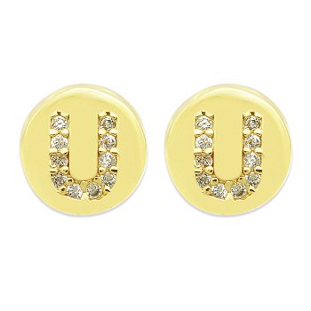 Brass Micro Pave Clear Cubic Zirconia Beads, Flat Round with Letter, Letter.U, 7.5x6.5mm, Hole: 3.5mm, 3pcs/bag