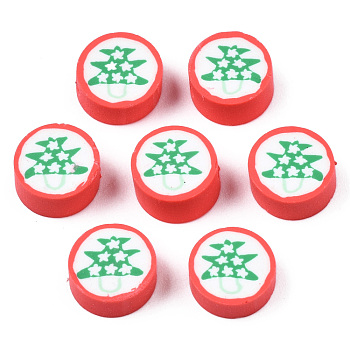 Handmade Polymer Clay Beads, Flat Round with Christmas Tree, Green, 9x4~5mm, Hole: 1.4~1.8mm
