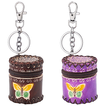 2Pcs 2 Colors Butterfly Pattern Leather Cylinder Wallets, Change Purse, with Iron & Alloy Keychain, Column, Mixed Color, 13.9cm, 1pc/color