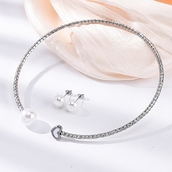 Round Plastic Imitation Pearl Stud Earrings & Rhinestone Cuff Choker Necklaces Sets, Heart 304 Stainless Steel Jewerly Set for Women, Stainless Steel Color, Inner Diameter: 4.43 inch(112.5mm)