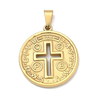 304 Stainless Steel Pendants, Flat Round with Cross Charm, with 201 Stainless Steel Snap On Bails, Ion Plating(IP), Golden, 34.5x31.5x3mm, Hole: 8x4mm