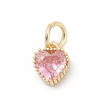 Brass Micro Pave Cubic Zirconia Pendants, Heart Charms, Rack Plating, Long-Lasting Plated, with Jump Ring, Pink, 9x7x3.5mm