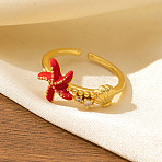 Brass Micro Pave Cubic Zirconia Cuff Open Rings, Starfish, Golden, Red, Inner Diameter: 15~20mm(FS-WG84ED8-03)