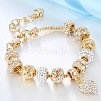 Heart Alloy with Crystal Rhinestone Charm Bracelets, Snake Chain Bracelets, with Alloy European Large Hole Beads, Golden, 7-1/8~8-5/8 inch(18~22cm)(FS-WG8E942-01)
