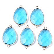 Glass Links Connectors, with Golden Plated Brass Edge and Loop, Faceted, Oval, Deep Sky Blue, 38~39x23x7mm, Hole: 2.5mm(GLAA-S130-39B)