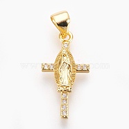 Brass Micro Pave Cubic Zirconia Pendants, Lead Free & Cadmium Free & Nickel Free, Long-Lasting Plated, Cross with Virgin Mary, Clear, Real 18K Gold Plated, 20x10x3mm, Hole: 3x3.5mm(ZIRC-E153-28G-NR)