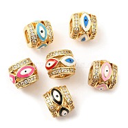 Rack Plating Brass Micro Pave Cubic Zirconia European Beads, with Enamel, Large Hole Beads, Lead Free & Cadmium Free, Barrel with Evil Eye, Real 18K Gold Plated, Mixed Color, 10x12x12mm, Hole: 5.5mm(KK-M247-34G)